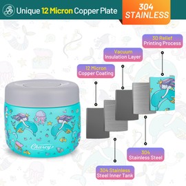 Charcy 9oz Kids Stainless Steel Insulated Food Jar, Wide Mouth Leak-Proof Soup Thermo, Container Set for 8h Hot and 6h Cold - Turquoise Mermaid