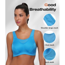Wingslove brasier deportivo de alto impacto para mujer, cobertura completa, sin varillas, sin relleno, talla grande, Azul, 36C