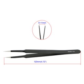 Aoje-Link ESD-14 Professional Anti-Static Precision Technology Tweezers, Non-Magnetic Tip Straight, Stainless Steel Plastic Coated, Full Length 120mm, Black, 2pcs