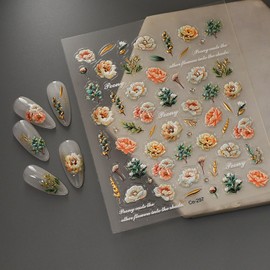 Peony Flower 5D Embossed Nail Stickers for Spring Nail Art Peony Nail Decals Rhinestones Nail Art Stickers with Gold Leaf Artificial Nails Supplies for Women Manicure Decorations