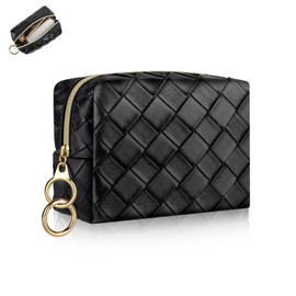 Cosmetic Bag Small Makeup Bag for Women Mini Cosmetic Bag PU Leather Small Checked Portable Travel Cosmetic Accessories Organiser Multifunctional Purse Toiletry Bag for Women, Mini bag-black, small