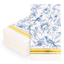 FYSUIMU 50 Pcs Blue White Floral Guest Napkins Chinoiserie Flower Bird Disposable Napkins Foil Gold Lined Dinner Hand Paper Napkins for Bathroom Spring Summer Party Table Supplies