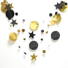 Glitter Black Gold Party Decorations Moon Star Garland Ramadan Hanging Stars Circle Streamer Banner Backdrop Background for Wedding Birthday Bday Bachelorette Retirement New Year EID Graduation Decor