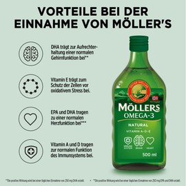 MÖLLER'S Möller's Omega 3 Lebertran | Nahrungsergänzung mit EPA, DHA, Vit A, D und E | Hochreiner natürlicher | 165 Jahre alte Marke | Superior Taste Award | Neutraler Geschmack | 250 ML