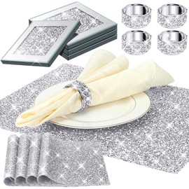 Dandat 12 Pcs Silver Napkin Rings Silver Rhinestone Placemat Glass Mirrored Coaster Set Includes 4 Circle Placemats 4 Glass Coasters 4 Napkin Holder for Dinning Table Wedding Banquets(Square)
