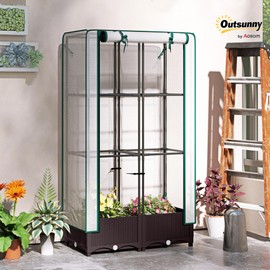 Outsunny Plastic Raised Garden Bed with Trellis, Outdoor Planter Box with PE Greenhouse Cover, Drainage Holes and Zipper Door for Climbing Plants, Herbs and Vegetables, 31.5" x 15.7" x 48.8", Brown