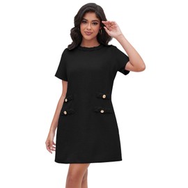 Ladyful Womens Tweed Jackie Dress Short Sleeve Elegant Crew Neck Business Party Vintage Button Bodycon Mini Jackie Dress Black