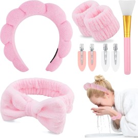 9 Piezas Set de Diadema y Pulsera de Esponja para spa,Maquillaje,Horquilla,Diadema para Lavado Facial,Cuidado de la Piel para Lavado Facial y Maquillaje,Rosa