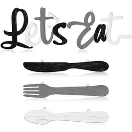 Jetec 5 Pcs Let's Eat Sign Kitchen Wall Decor Fork Spoon Knife Kitchen Decor Sign Rustic Farmhouse Wooden wall decorations for Home Dining Room Bar Cafe Restaurant(Black, White, Gray)