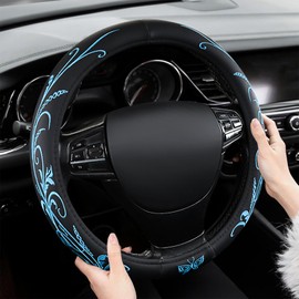 Blue Embroidery Butterfly Car Steering Wheel Cover,14.5-15 Inch Universal Leather Covers Breathable Anti-Slip Odorless Steering Wheels Accessories for Men Women (Embroidery-Blue)