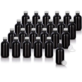 JUVITUS 2 oz Black Glass Luxury Boston Round Bottle with Silver Metal Screw On Caps + Funnel (24)