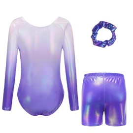 Sanshaion Gymnastics Leotards Set For Girls - with Shorts and Headband Gradient Color Sparkling Ballet Dancing Unitards Gymnastics Outfit for 5-12 Years (PURPLE-LONG, Tag 8A(7-8 Years))