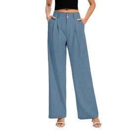 FUNYYZO Women Long Dress Pants High Waisted Work Pants Dressy Casual Wide Leg Elastic Waist Trousers Denim Blue