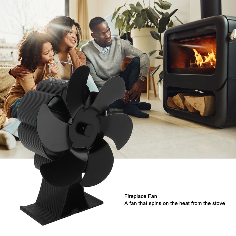 Black 6 Blade Heat Powered Stove Fan Thermodynamically Driven Fireplace