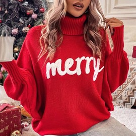 YILEEGOO Women's Merry Christmas Sweaters Turtleneck Batwing Long Sleeve Letter Embroidery Loose Knitted Pullover Xmas Sweater (Red, L)