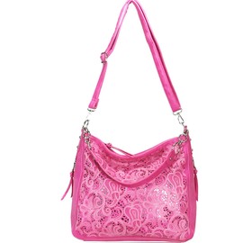 Laser Cut Bling Hobo fashion CCW Bag Faux Leather Concealed Carry Purse Hot Pink