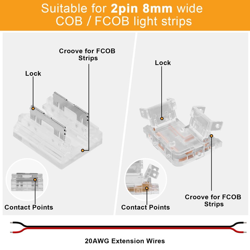 8mm 2 pin FCOB COB LED Strip Light Connector Kit,