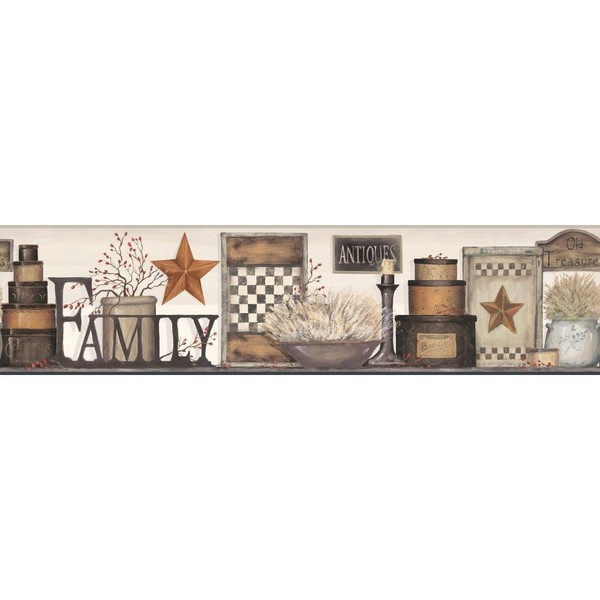 York Wallcoverings Country Keepsakes Family Shelf Border Removable Wallpaper, Beige, Taupe, Black, Brown, Tan, Red