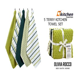 Olivia Rocco 5 Pack Terry Kitchen Tea Towels Cotton Super Absorbent Quick Drying Soft Towel Cloth, Sage Green