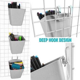 Large Grid Wall Bins - 6Pack Gray Gridwall Accessories Hanging Cups with Back Hooks - Plastic Grid Wall Panels Organizers Wire Shelves Holders for Garage Garden Craft Office Tools Storage