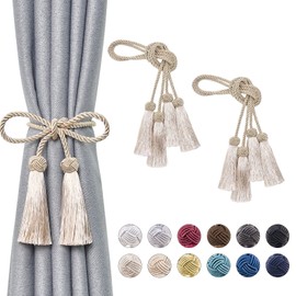 Pretty Jolly 4 Pack Double-ended Tassel Curtain Tiebacks Handmade Braided Rope Knot Drape Tie Backs European Style Decorative Curtain Holdbacks for Home & Office Window Drapery (Dark Beige)
