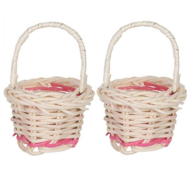 2 Pcs Mini Woven Baskets with Handles Miniature Fairy Garden Decoration Handwoven Flower Basket for Dollhouse Accessories