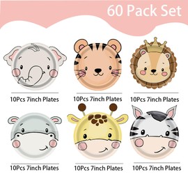 60pcs Jungle Safari Party Paper Plates,7 inch Jungle Safari Zoo Animal Plates,Tiger Lion Elephant Giraffe Zebra and Hippopotamus Animal Party Plates for Baby Shower Kids Birthday Jungle Animals Party