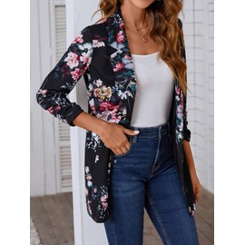 LADI TREND Women 3/4 Sleeve Business Casual Long Blazer Lightweight Fashion Open Front Stretch Suit Jacket *Floral,Size 2XL*