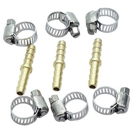 3pcs 1/4" Barbed Brass Hose Barb Fitting Mender/Splicer/Joiner with 6 pcs Stainless Steel Pipe Clamps Fuel/AIR/Water/Oil/Gas