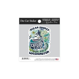 Die Cut Sticker Ocean Shores, Washington, Watercolor Whale, Deep Blue Sea, Contour, Artwork Vinyl Sticker 1 to 3 inches (Waterproof Decal for Cars, Water Bottles, Laptops, Coolers), Small