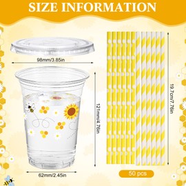Funnymoom 50 Sets Bee Theme Party Supplies Honey Bee Plastic Cups with Lids and Straws 16 oz Clear Bee Disposable Drinking Cups Bulk for Bee Theme Party Favors Birthday Baby Shower Party Supplies