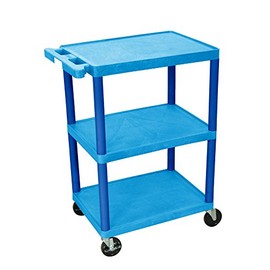 LUXOR BUSTC222BU Multipurpose Utility Cart with Three Flat Shelves, Ergonomic Push Handle, 300 lbs. Capacity, Blue