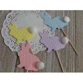Pastel Bunny Rabbit Easter Cupcake Toppers - Polka Dot Embossed Food Picks - Appetizer Picks (Set of 12)