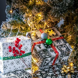 LeZakaa Christmas Wrapping Paper Mini Roll - Bell & Tree/Candy Canes/Snowflakes in Black & White for Gift Wrap, Arts Crafts - 17 x 120 inches - 3 Rolls (42.5 sq.ft.ttl.)