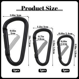 Nogeqi 12 Pieces Small Carabiner Clip 1.7"/2.1"/2.7" Black Carabiner Clip, Aluminum Heavy Duty D Rings Carabiners for Outdoor Backpack Hiking Camping Hammocks Gym