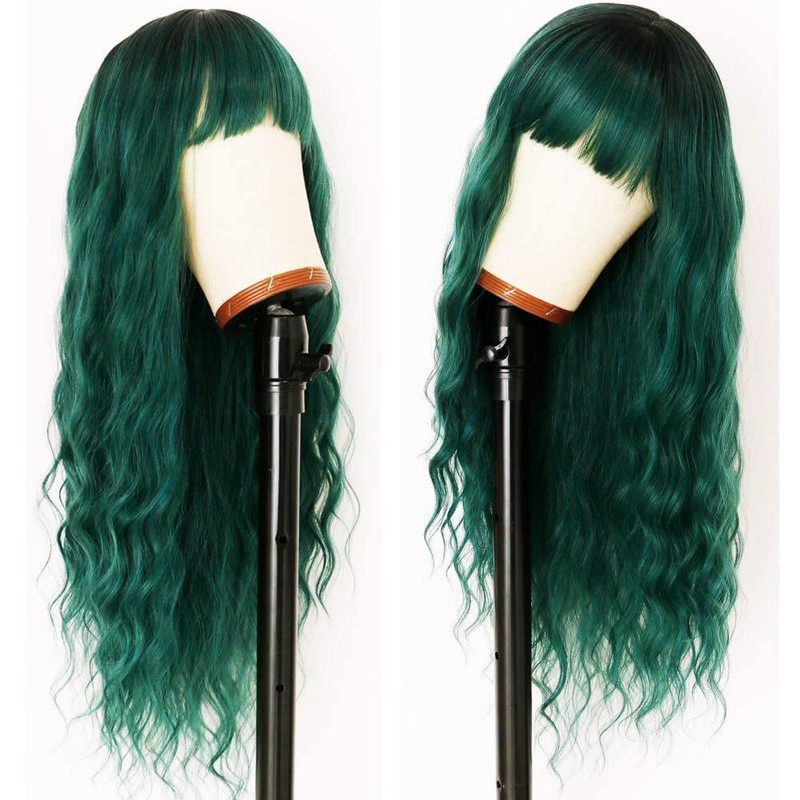 XUIEUI Green Wigs Long Wavy Green Wigs Bangs Heat Resistant