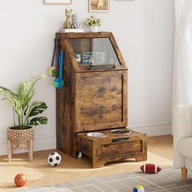 Garvee Dog Feeding Station with 2 Elevated Bowls, Dog Food Storage Cabinet, Flip Top Pet Feeding Station, Food Storage Container, Pet Toy Organizer, Brown