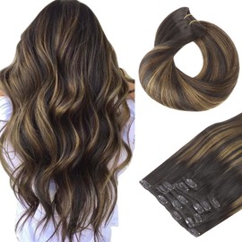 hotbanana Clip-In Hair Extensions, Balayage, Natural Black to Chestnut Brown, 40 cm, 120 g, 7 Pieces Clip-In Hair Extensions, Real Hair, Straight, Remy Clip-in Hair Extensions