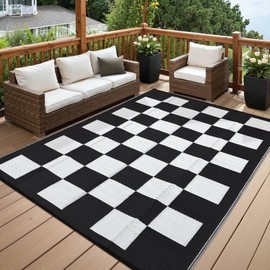 Outdoor Patio Rug 10x14 Large Waterproof Plastic Straw Camping Rug Reversible Stain Resistant Modern Checkered Carpet UV Resistant Foldable Mat for RV, Porch, Backyard, Black & White