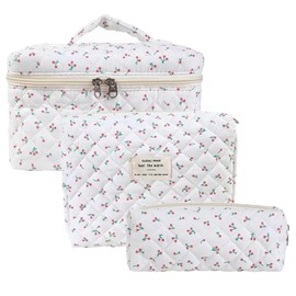 Women's Cosmetic Bag Set of 3 Travel Makeup Bag Made of Cotton, Flower Pattern Make-Up Bag, Small Cherry, Fresh and sweet