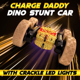 ChargeDaddy Dino Stunt Car with Crackle LED Lights - Rechargeable Remote Control Car with 360-Degree Flips, Wireless Control and Double-Sided Driving, Great Gift for Boys and Girls, Yellow