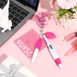 Skyygemm 5 Pcs Nurse Accessories Include Retractable Ball Pen, Permanent Marker Pen, Nurse Badge Clip Retractable, Glitter Badge Cards, LED Flashlight Keychain(Pink)