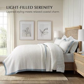 EVERGRACE Cotton Border Frame Tack-Stitch Quilt Bedding Set King Size, Coastal Oversized 3 Pieces Lightweight Bedspread Coverlet for All Season, with 2 Matching Shams, Blue Linen