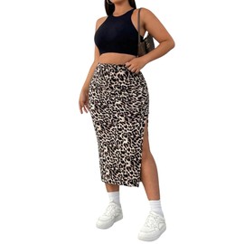 GORGLITTER Damen Rock Elegant Y2K Leopardenmuster Sommerrock Hohe Taille Midirock mit Schlitz Bleistiftrock Enger Freizeitrock Casualrock Leoparden 2XL