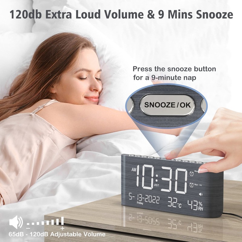 Mesqool Digital Alarm Clock, with Calendar Temperature and Humidity, Loud