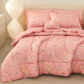 Mooreeke Full Size Comforter Sets for Girls Kids, 8 Pieces Bed in a Bag Pink Rainbow Flowers Bedding Comforter Sheet Set with Shams and Decorative Toy Pillow, Ultral Soft Microfiber Kids Bed Set