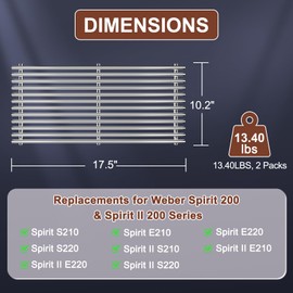 QuliMetal 17.5" 9MM 304 Stainless Steel Cooking Grates for Weber Spirit E-210, Spirit 200, GS4 Spirit II 200, Spirit II E-210 Series Grills with Front-Mounted Control, Replacement Parts for Weber 7637