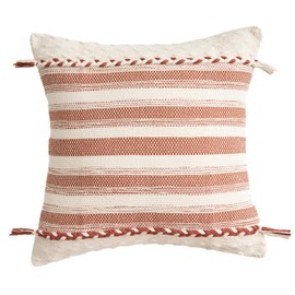 Labilin Cushion Covers 18x18, Boho Decorative with Tassels Pillowcase, Woven Stripes Body Pillow Cover for Farmhouse Chair Sofa Bedroom Living Room Home Decor, Rust Red + off-white