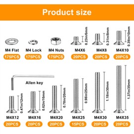 M4 Screws Set, Countersunk Screws Nuts Set, Hexagon Socket Screws with Nuts and Washers Kit, Flat Head Thread Screws Set, Machine Screws