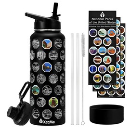 XccMe 40oz National Parks Water Bottle with Stickers,Insulated Stainless Steel Water Bottle with 2 Lids,Straws,Silicone Boot,Waterproof Stickers,Travel Vacuum Sealed Metal Bottle,Leak Proof (Black)